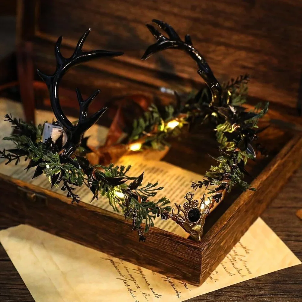 Light Up Elf Crown Black Antler Headpiece Gothic Flower Tiara for Cosplay